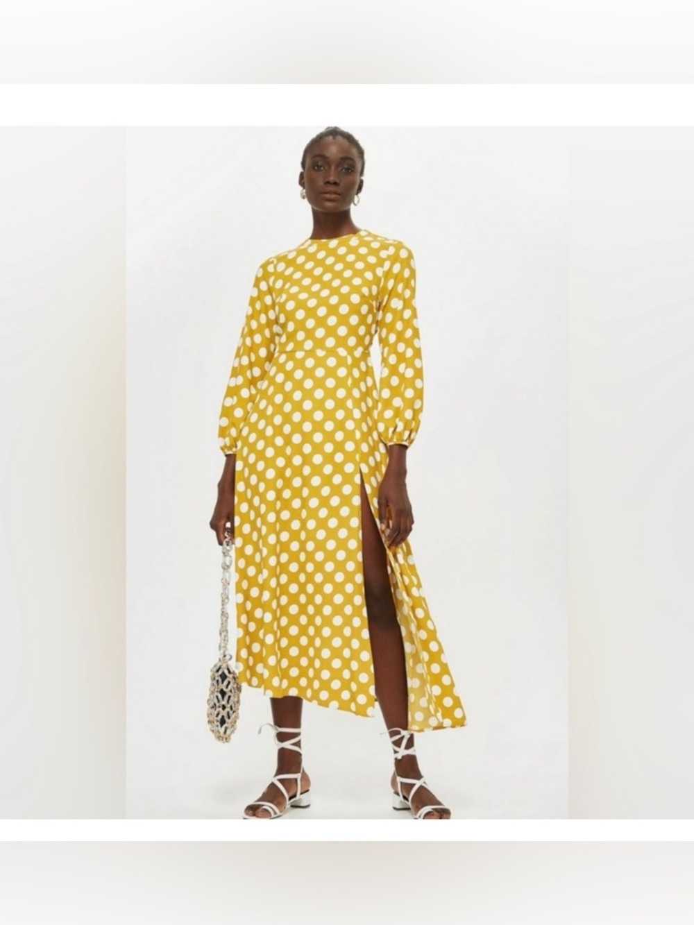 Topshop Yellow and White Polka Dot Long Sleeve Midi Dress